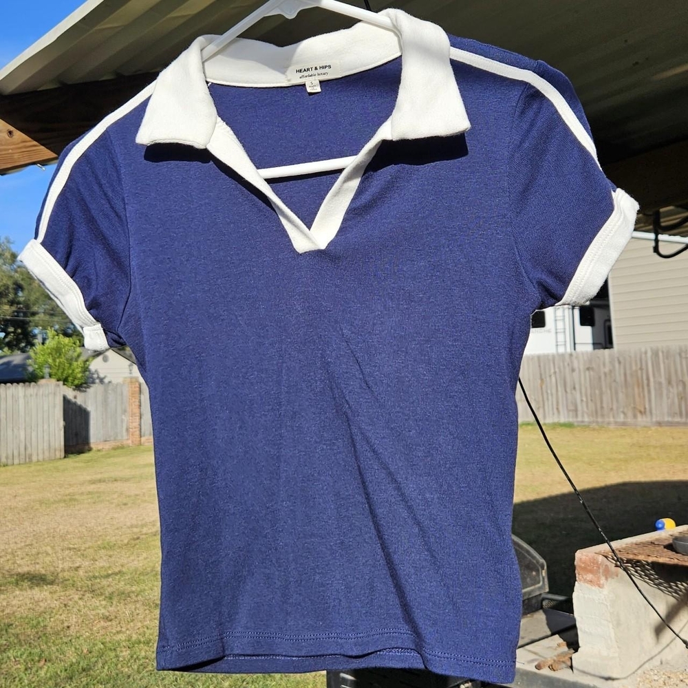 Navy Blue and White Women's Hearts And Hips Collared Shirt